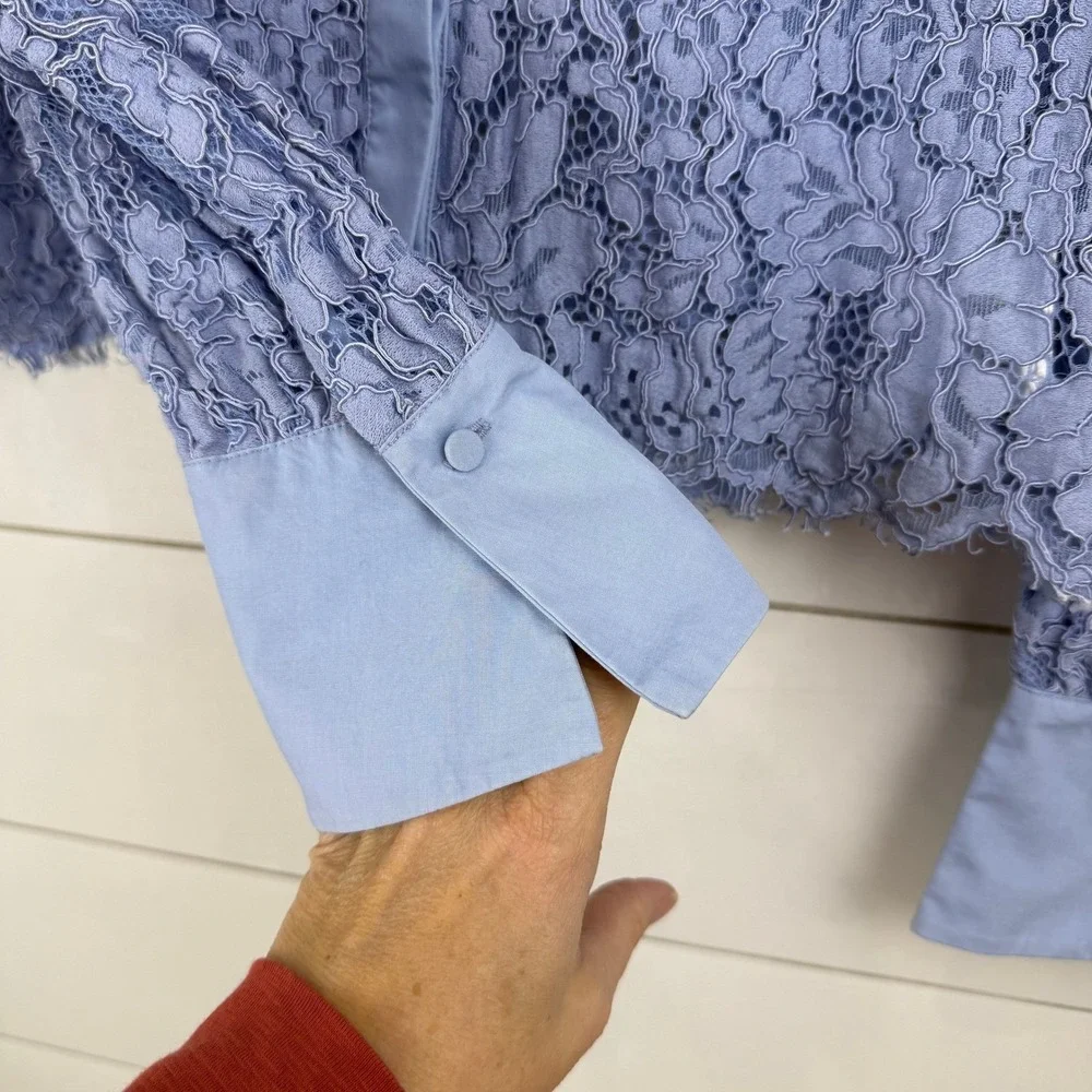 Self Portrait Blue Fine‎ Corded Lace Collared Button Up Shirt Top WOMEN 6 SHEER